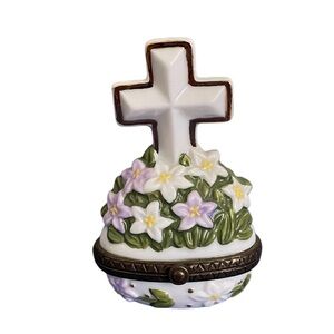 Midwest Cannon Falls Easter Cross Trinket Box Lillies His is Risen Hinged Cross